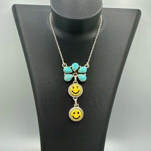 🙂🙂 Turquoise Cluster Double Smiley Sterling Silver 925 Pendant Necklace Handmade